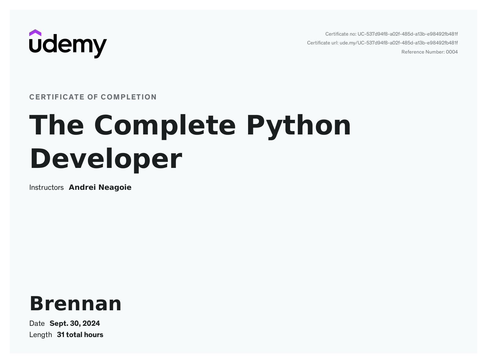 Udemy Complete Python Developer certificate