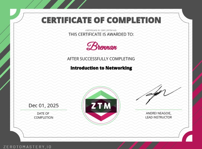 Zero To Mastery Intro to Networking certificate