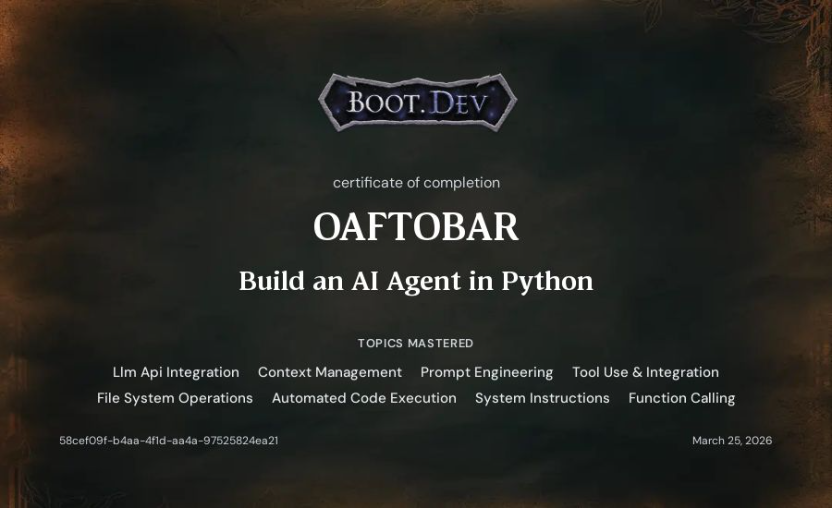 Boot.dev Build an AI Agent in Python certificate
