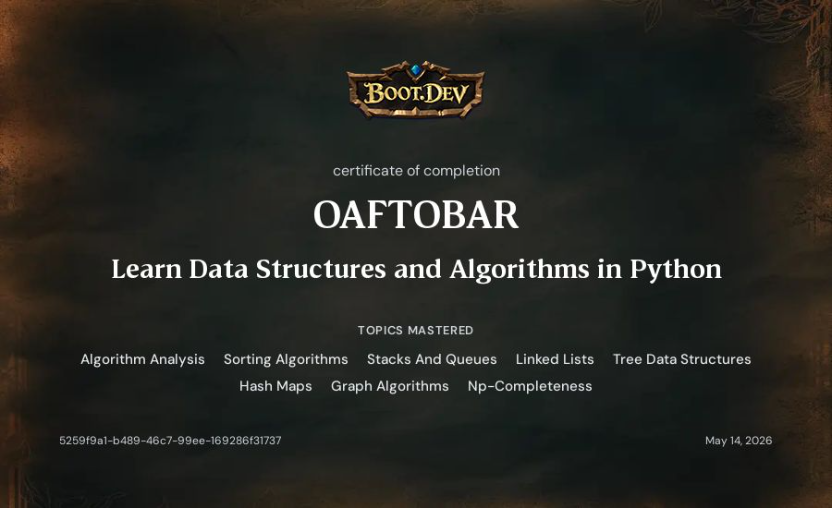 Boot.dev Learn Data Structures and Algorithms in Python certificate
