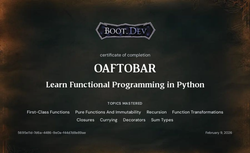 Boot.dev Learn Functional Programming in Python certificate