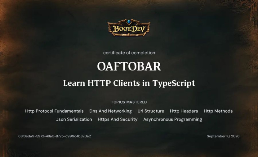 Boot.dev Learn HTTP Clients in TypeScript certificate