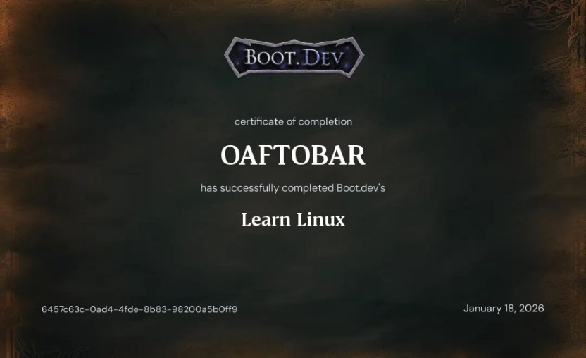 Boot.dev Learn Linux certificate