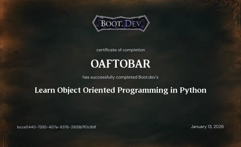 Boot.dev Learn Object Oriented Programming in Python certificate