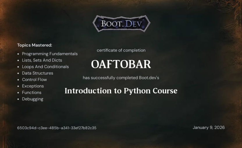 Boot.dev Introduction to Python certificate