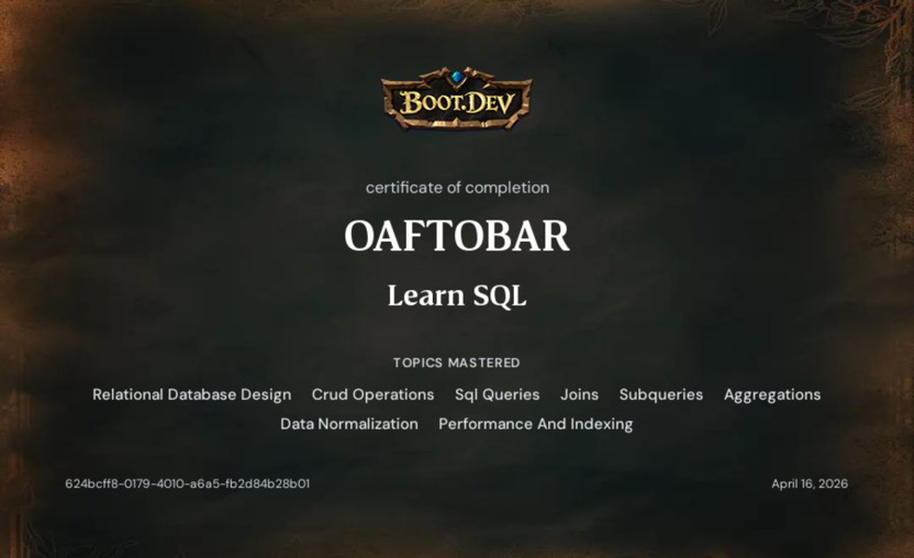 Boot.dev Learn SQL certificate
