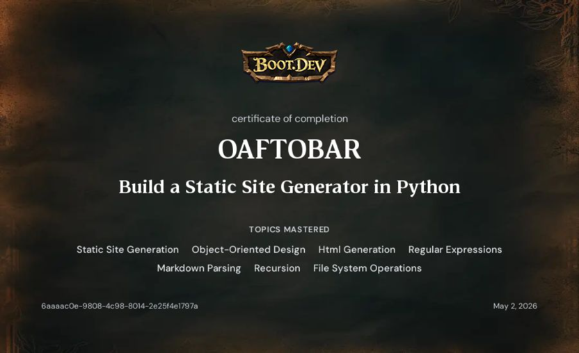 Boot.dev Build a Static Site Generator in Python certificate